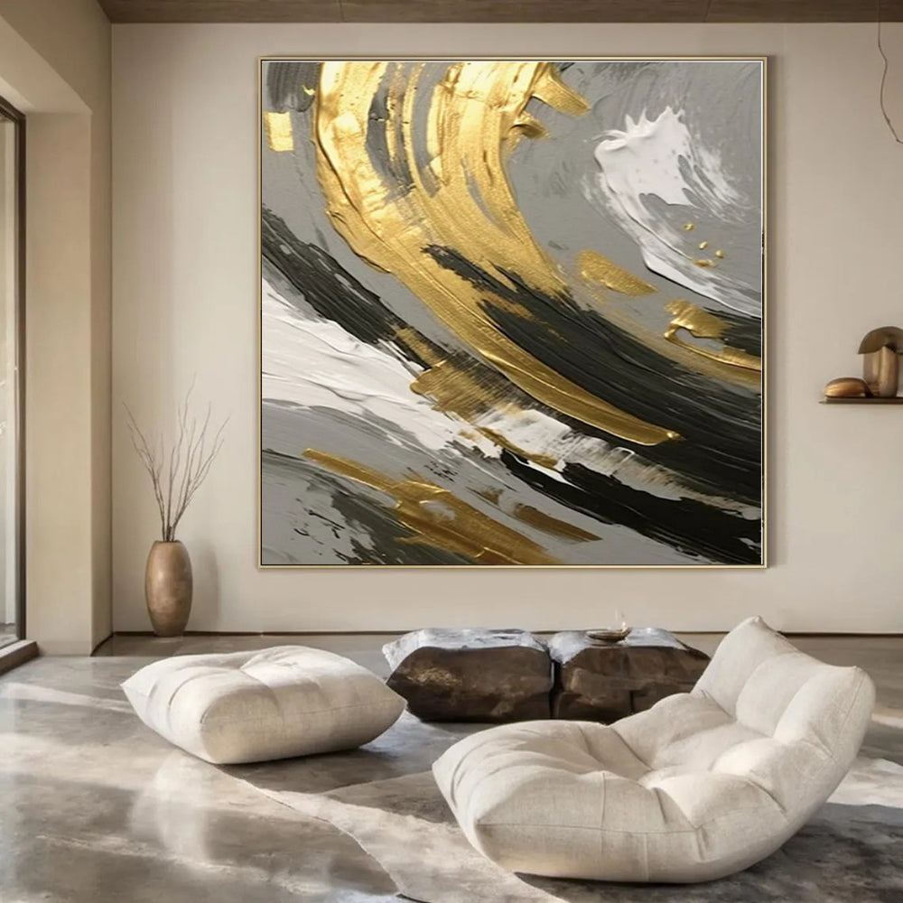 Gold, Black & White Swirl Detail - Abstract Impasto Oil CT1252