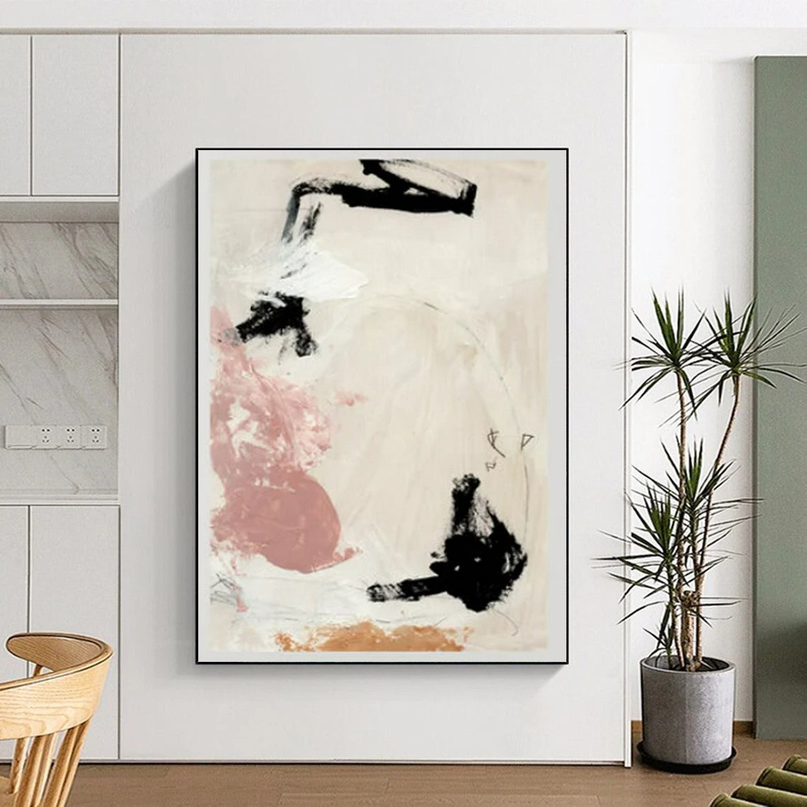 “Black, Pink & Earth - Tone Abstract Forms” - Abstract Painting On Canvas CT2316