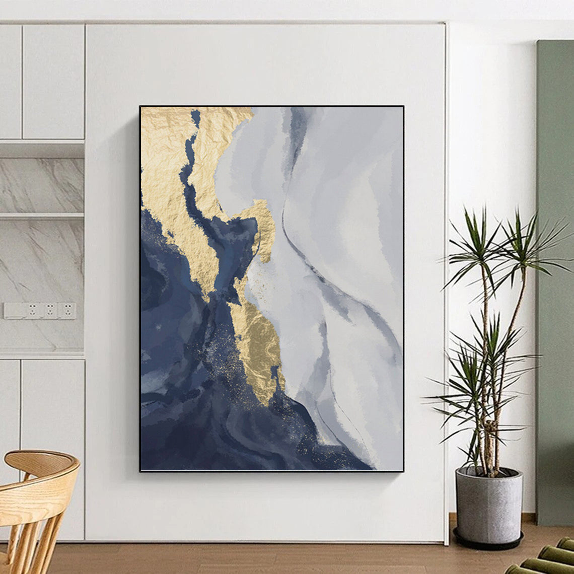 “Gilded Currents” - Blue, Gold & Gray Abstract Waves Painting On Canvas DKH1514
