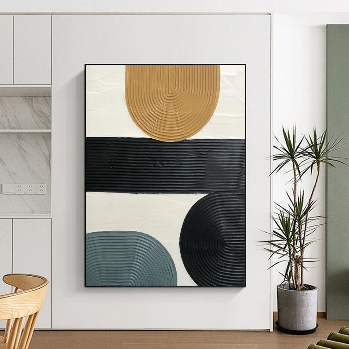 “Neutral Geometric Ribbons” - Black, Tan & Blue Textured Shapes Painting On Canvas DKH1177