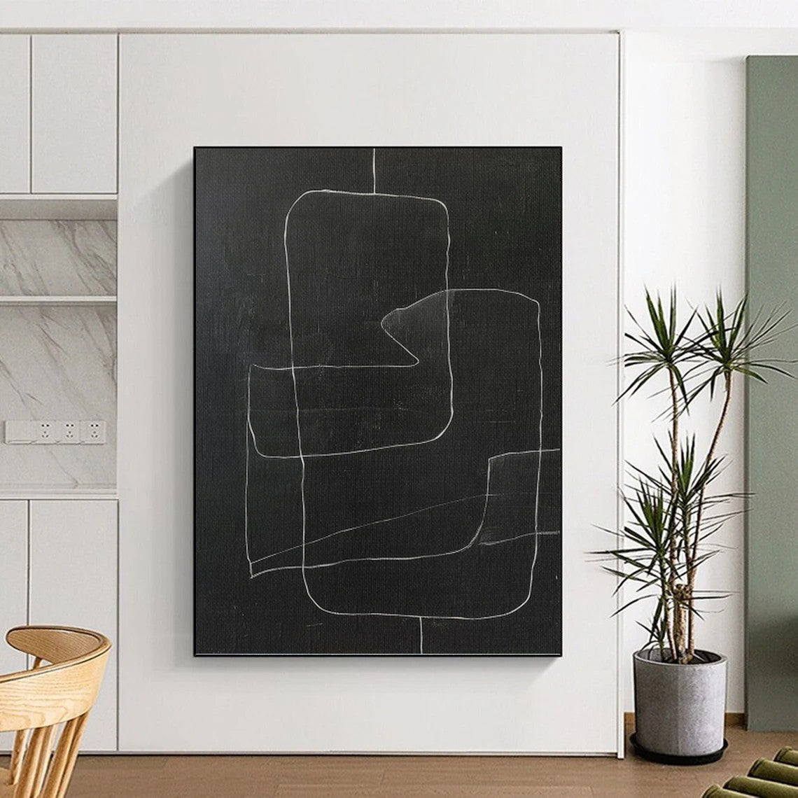 Black & White Geometric Lines - Chalkboard Whimsy Painting On Canvas DKH1150