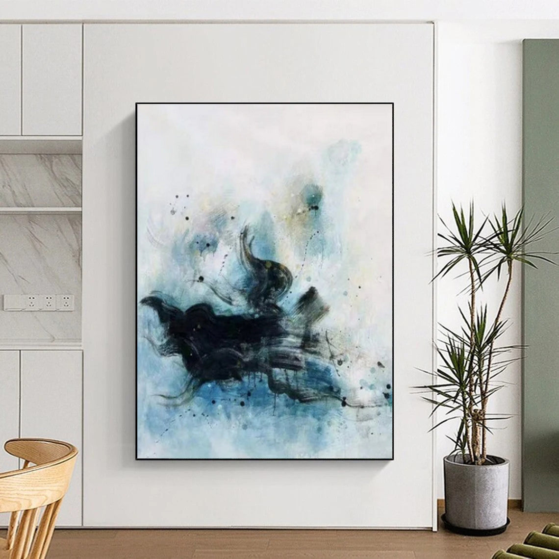 Black, Blue & White Ink - Like Flow - Abstract Painting On Canvas CT2305