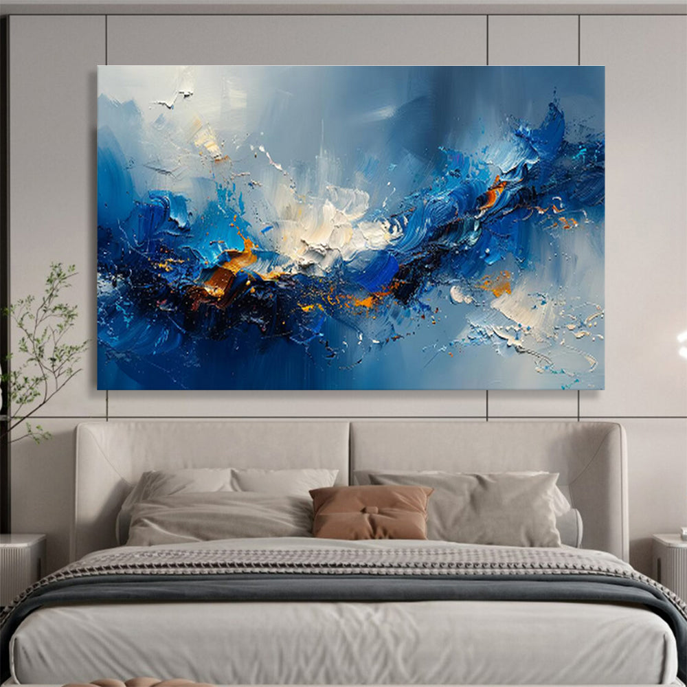 “Blue Surge” - Blue, White, Orange Abstract Action Painting On Canvas DKH704
