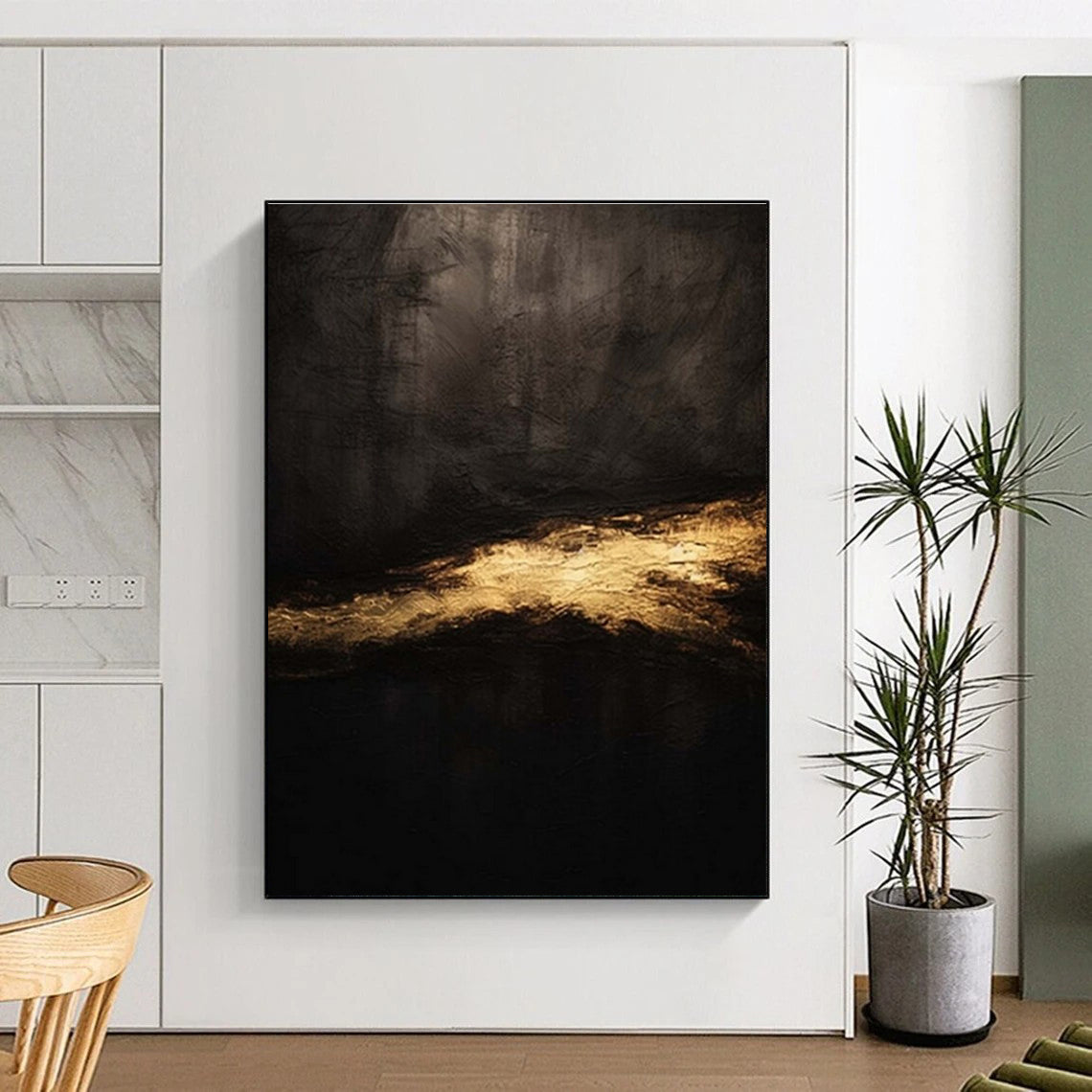 “Dark Textures, Gleaming Gold Streak” - “Midnight Gleam”,Abstract Oil Painting CT0686