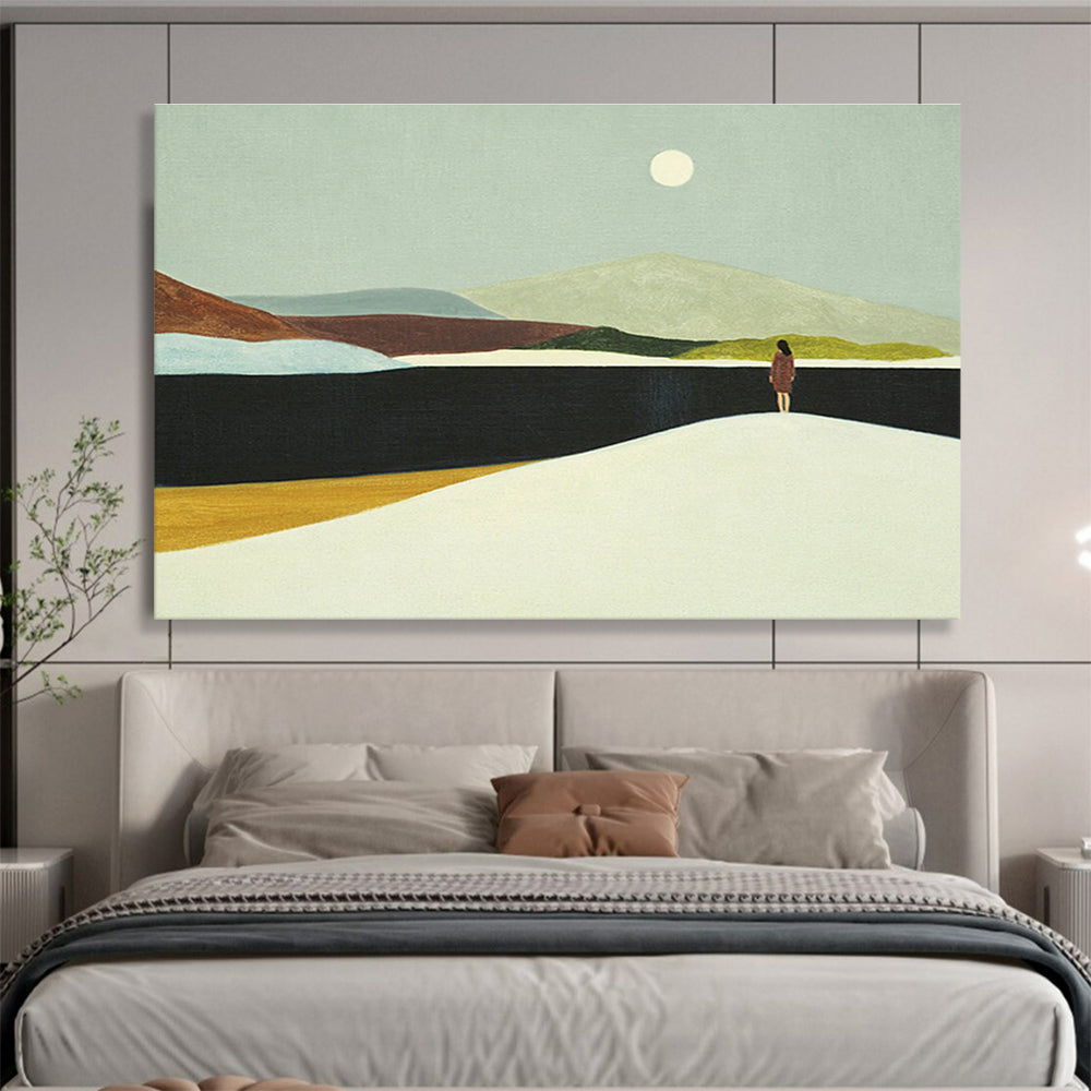 “Moonlit Wanderer” - Green, Brown, White Minimalist Landscape Painting On Canvas DKH739