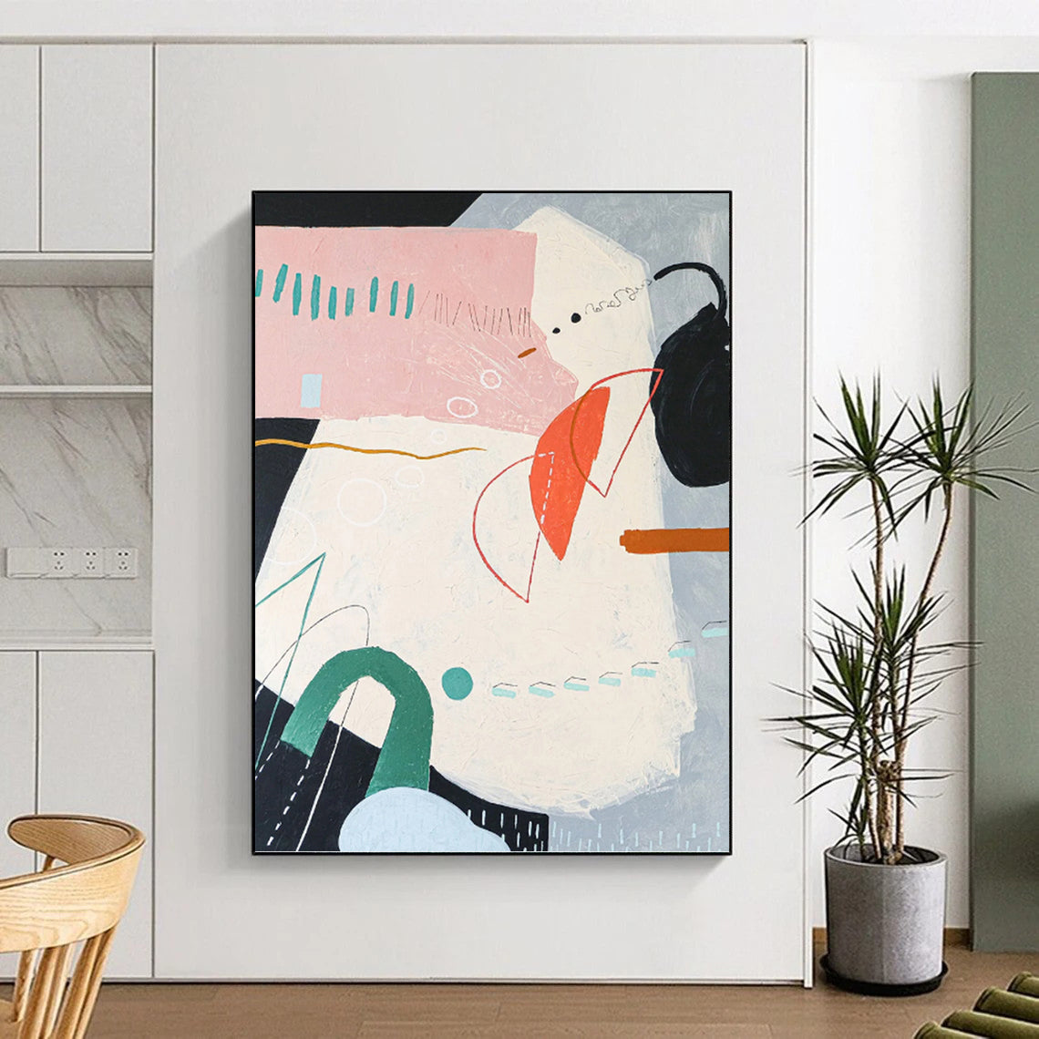 “Pastel - Colored Abstract with Geometric and Organic Shapes” - Whimsical Abstract Painting On Canvas DKH1102