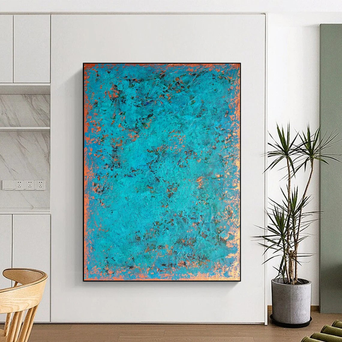 “Turquoise & Copper Textured Abstract” - Abstract Painting On Canvas CT2323