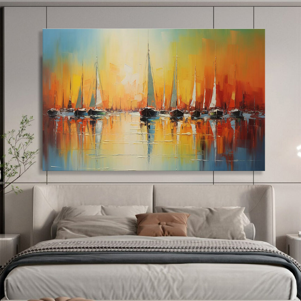 “Sunset Harbor - Vibrant Orange & Blue Sailboats Painting On Canvas” DKH864