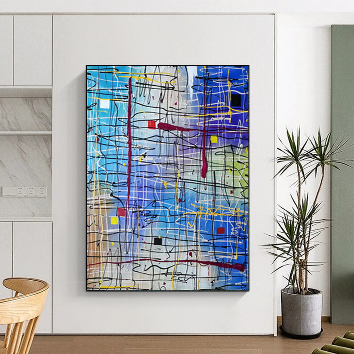 “Vibrant Line Fusion” - Blue & Multicolor Abstract Line Painting On Canvas DKH1583
