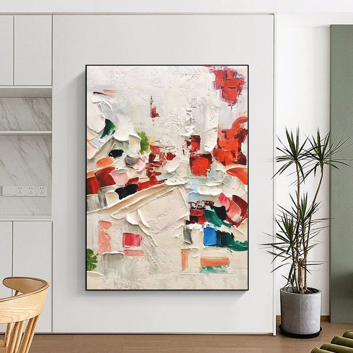 Red - Accented Thick Textures, “Blush & Bold” - Textured Abstract Oil Painting CT0731