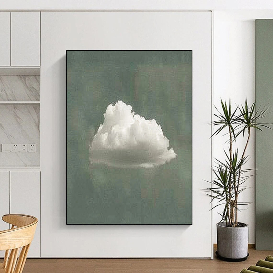 “Single White Cloud on Green” - White & Green Minimalist Painting On Canvas DKH0970