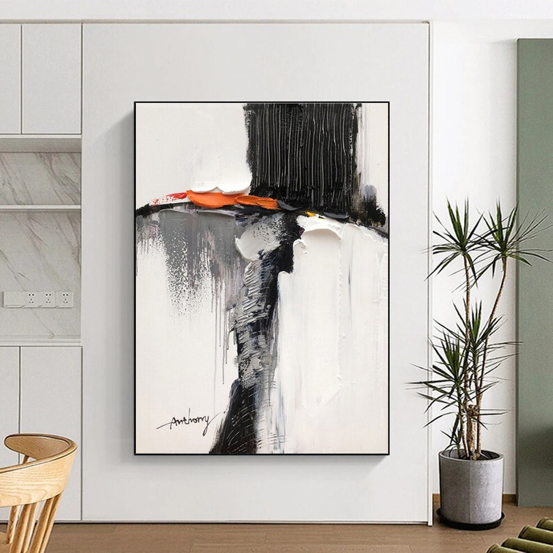 “Black - White - Orange - Gray Textured Figure” ,Abstract Acrylic Painting CT0791
