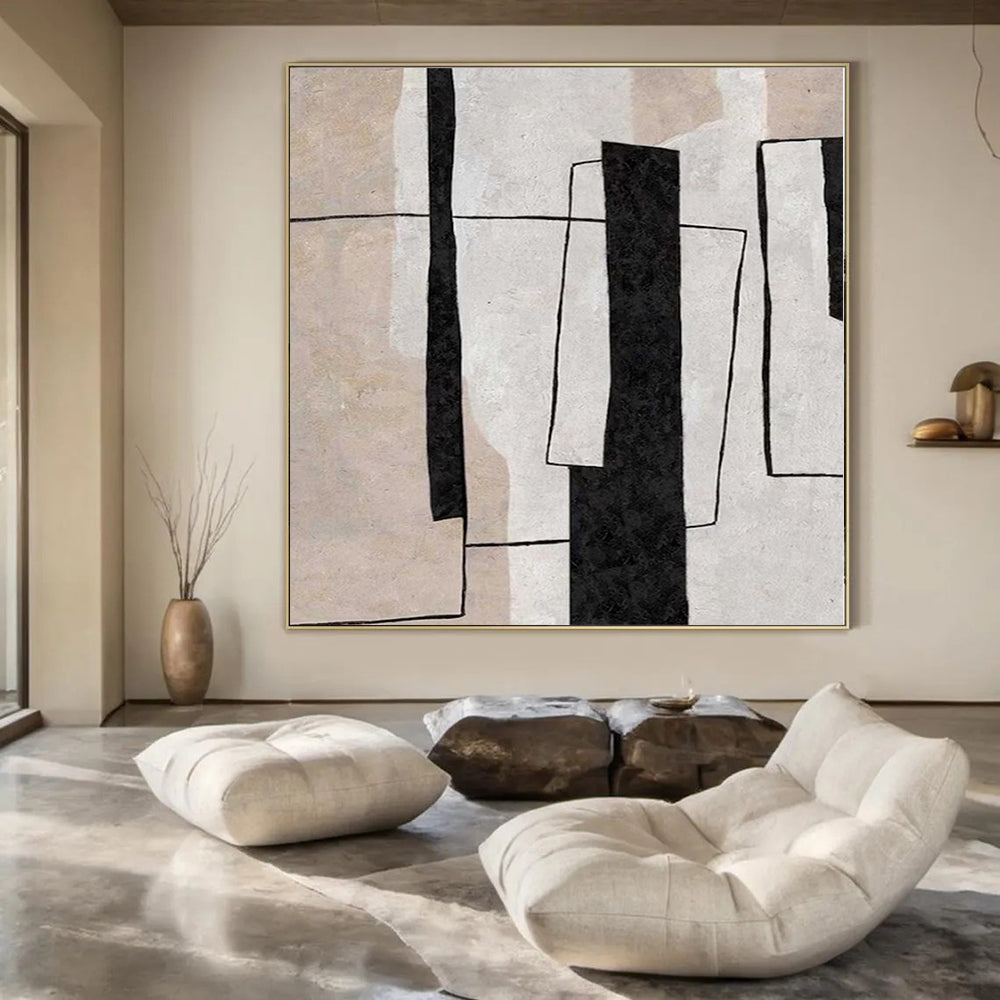 “Black - White - Beige Geometric Layers” – Geometric Abstract Painting CT1159
