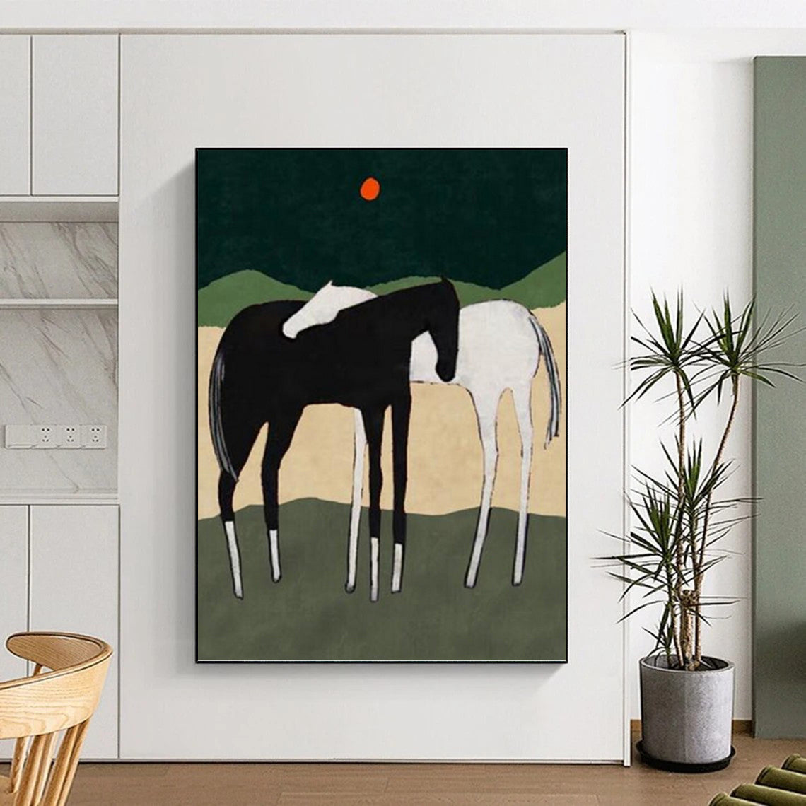 Horses in Landscape with Red Sun - Equine Landscape Painting On Canvas DKH1412