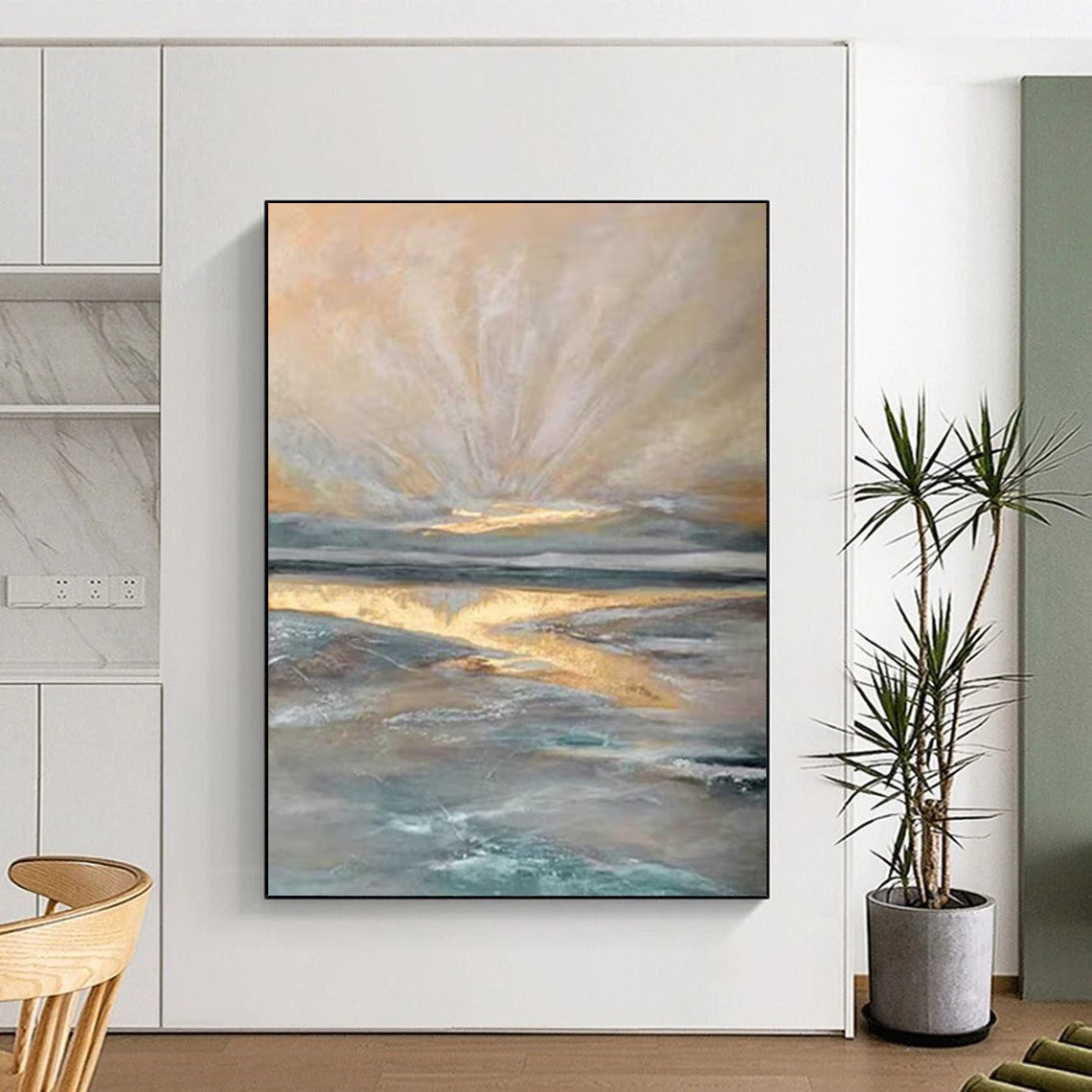 “Golden Horizon - Gold, Blue, Gray Ethereal Seaside” Painting On Canvas DTP264