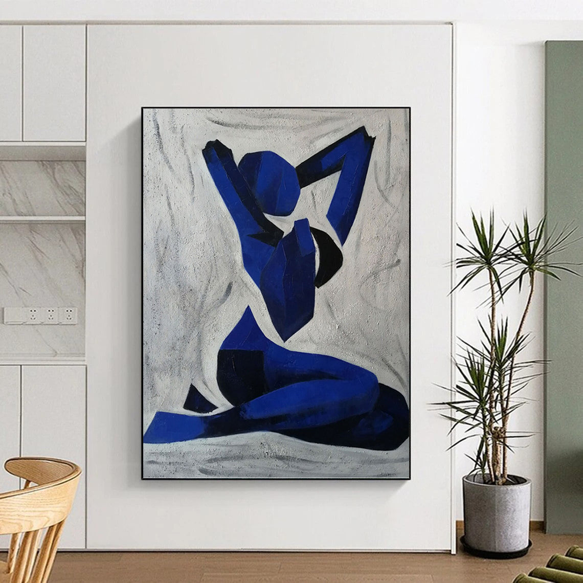 “Blue Figure” - Geometric Blue and Black Abstract Figure Painting On Canvas DKH1568