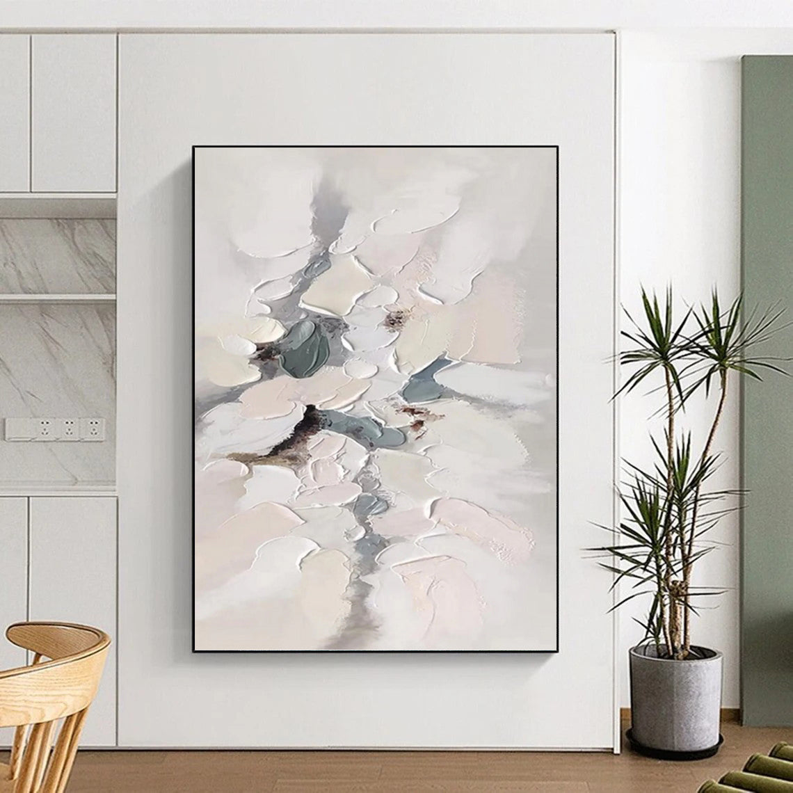 “Soft Impasto Blooms” - White, Gray & Blue Textured Abstract Painting On Canvas DKH1174
