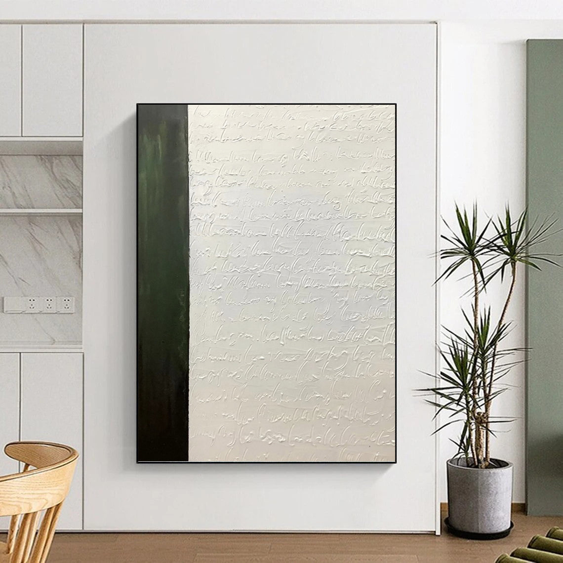 “Textured Script & Green” - White Calligraphy & Green Panel Painting On Canvas DKH1181