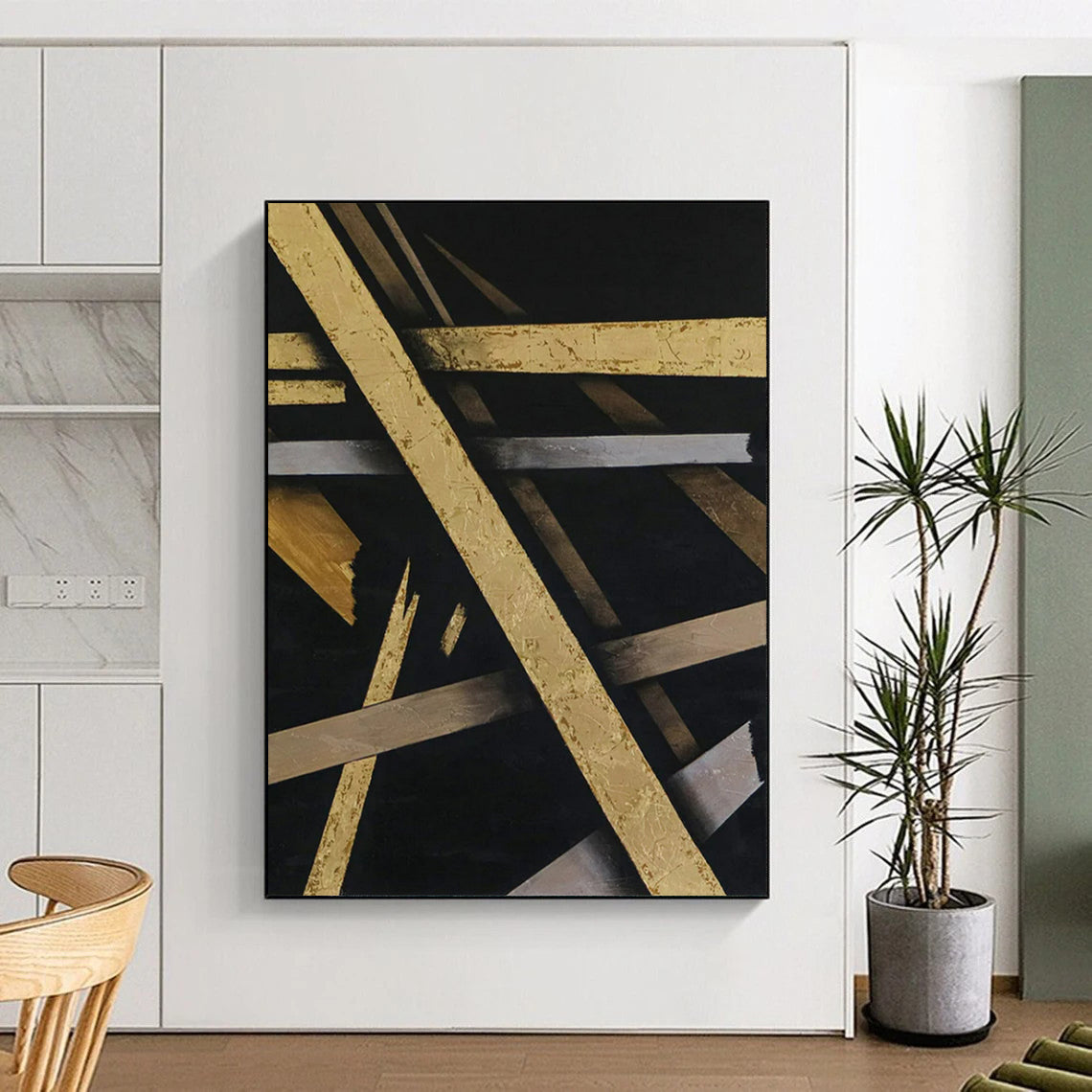 “Gilded Geometric Abstract - Gold, Silver, and Black” Painting On Canvas CT2388