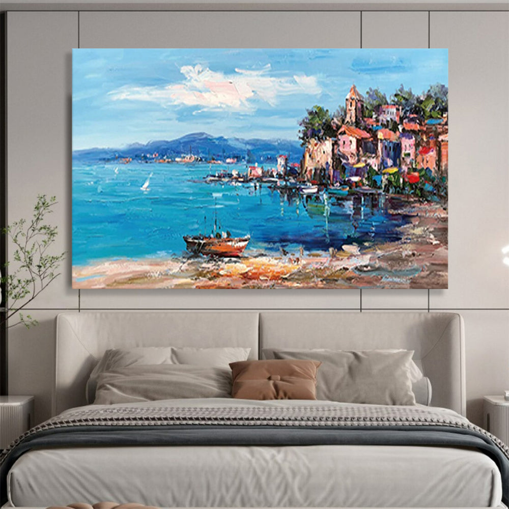 Colorful Coastal Village - Impressionist Seascape Painting On Canvas DLZ230