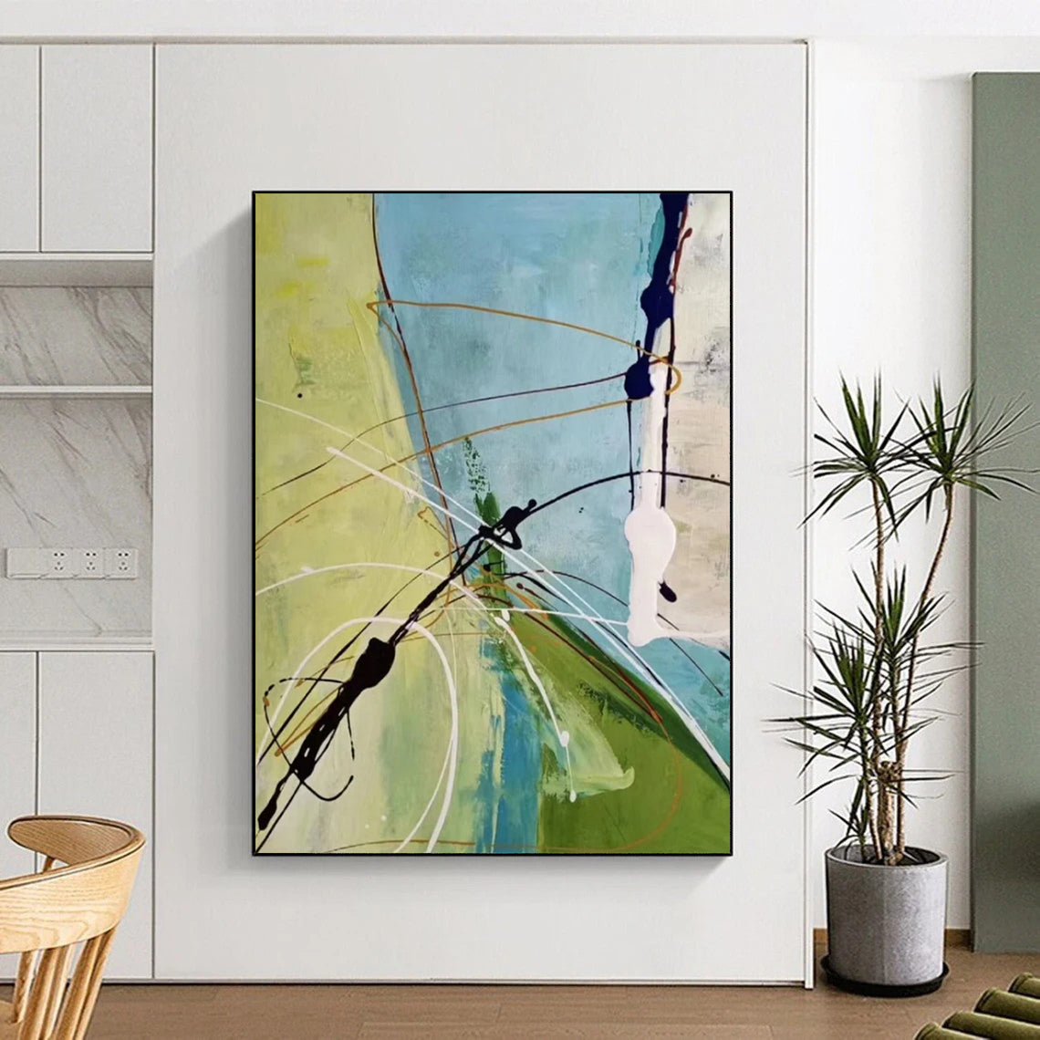Green, Blue, White & Brown Linear Interplay - Abstract Painting On Canvas CT2307