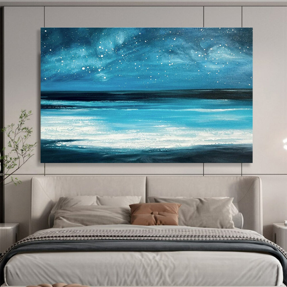 Vibrant Blue Galaxy and Ocean “Celestial Coastal Dream” Painting On Canvas DKH104
