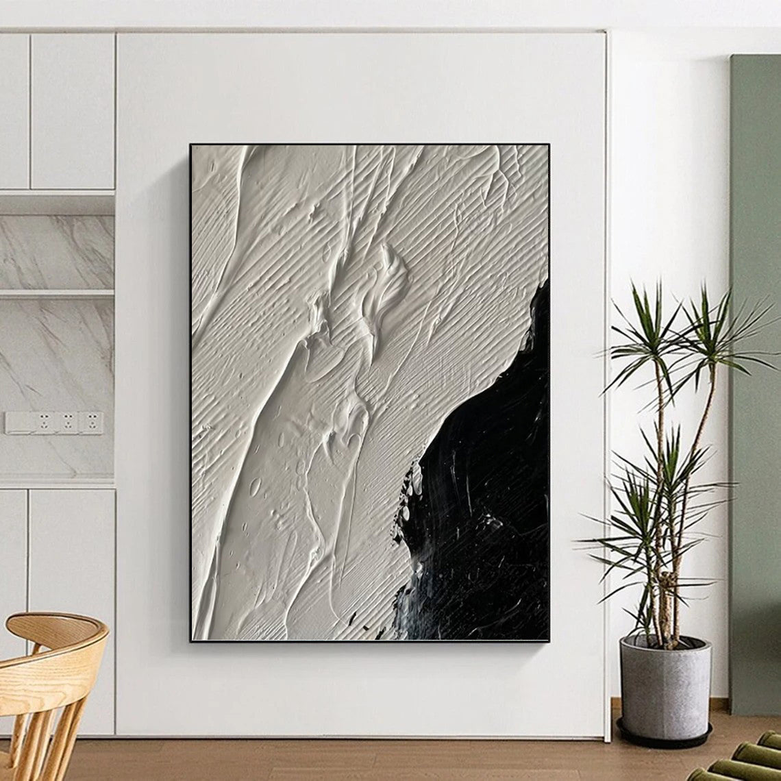 White and Black Textured Contrast - Abstract Painting On Canvas DKH1328