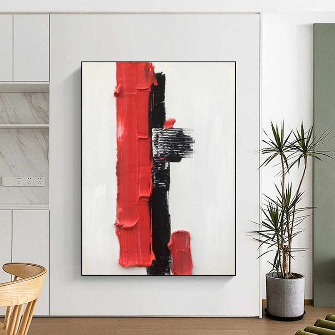 “White, Black, Red Textured Blocks ‘Bold Simplicity’” - Impasto Abstract Painting On Canvas DTP390