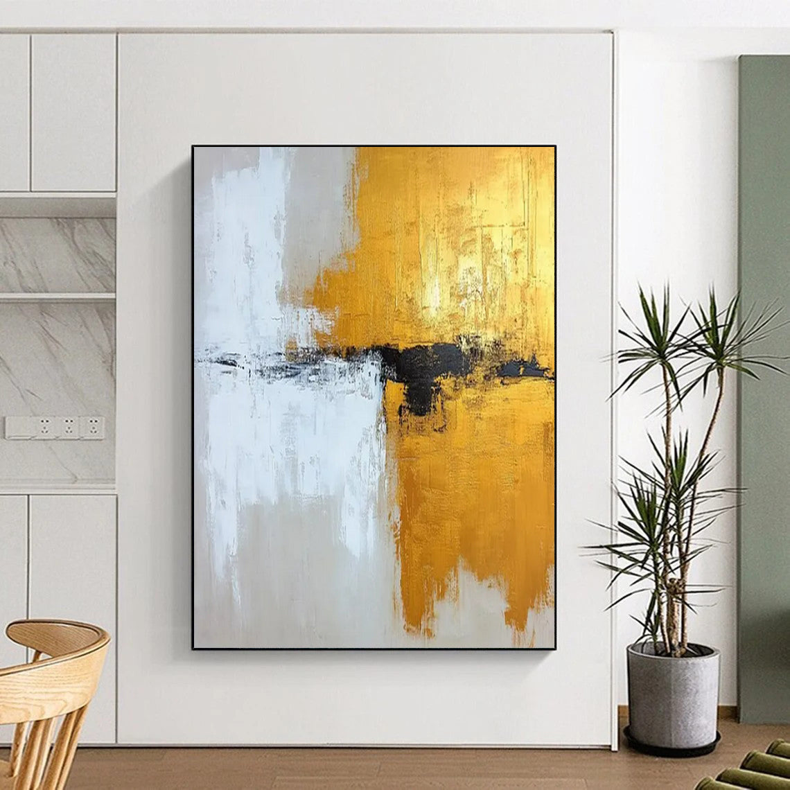 “Gold, Black & White Abstract” - Abstract Painting CT2371