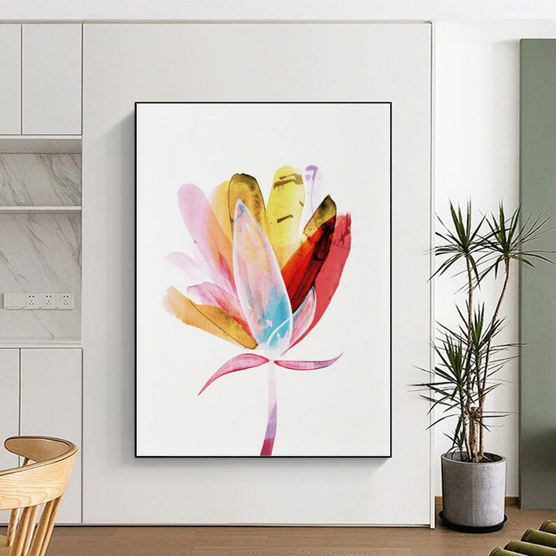 “Vibrant Watercolor Flower” - Pink, Yellow, Blue Watercolor Painting On Canvas DTP215