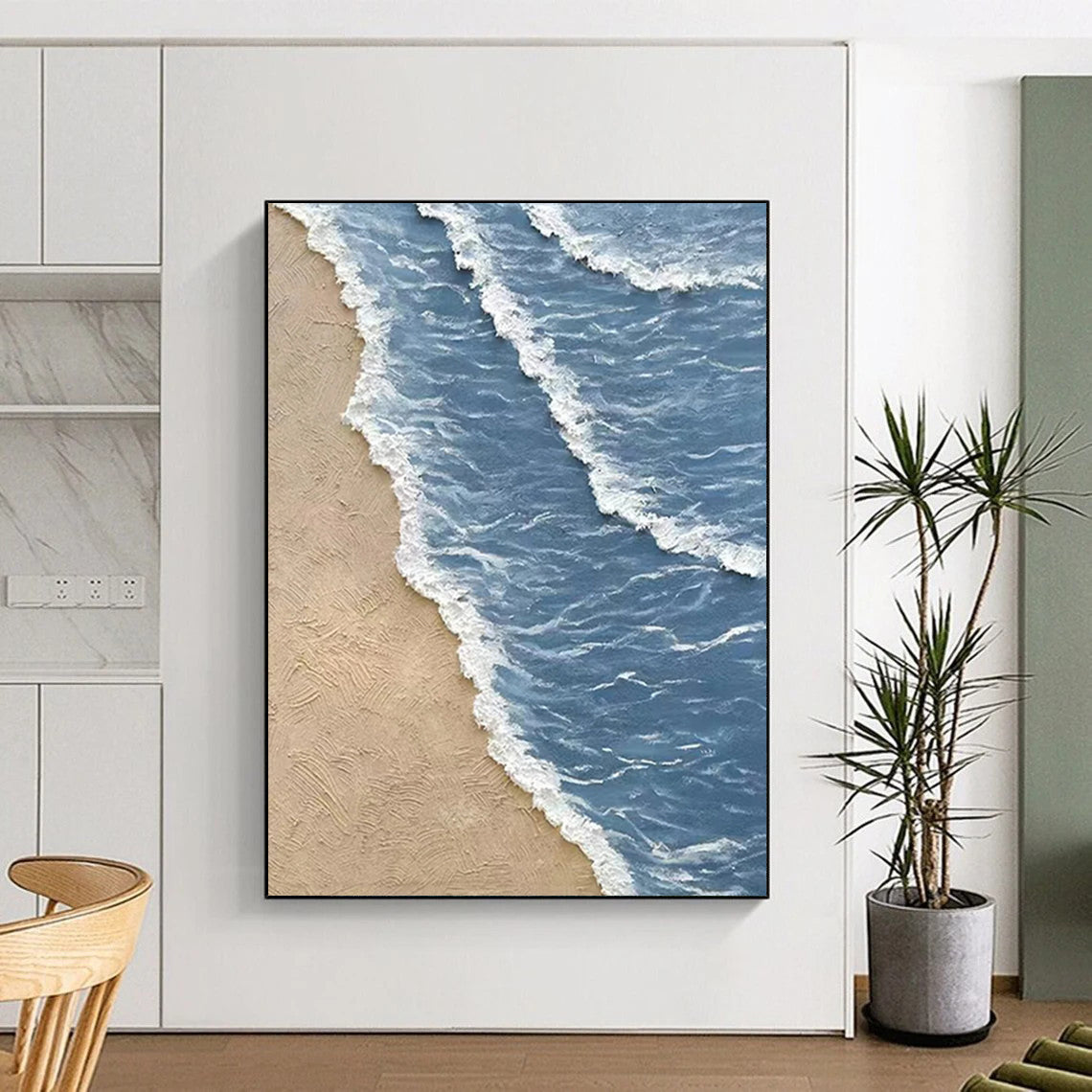 “Blue, White, Beige Textured Shore ‘Serene Coastline’” - Impasto Beach Painting On Canvas DTP333