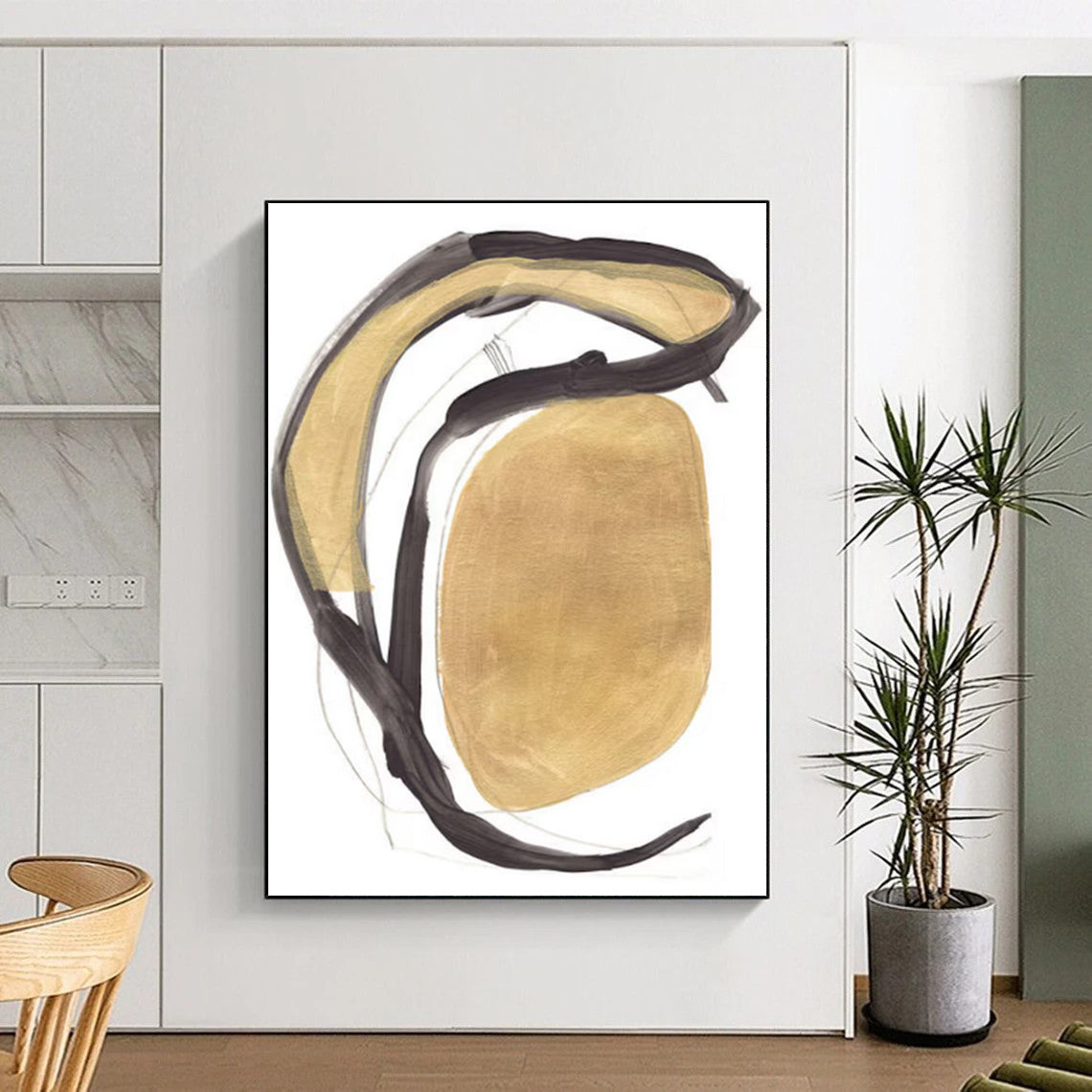 “Gold & Black Curves” - Gold, Black Abstract Painting On Canvas DTP223