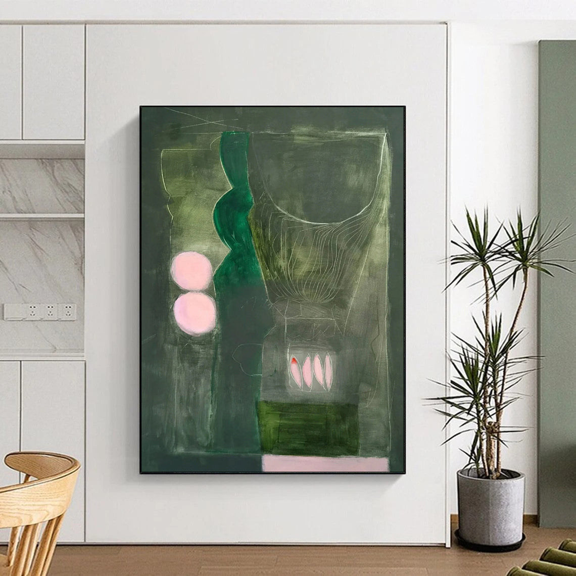 Green, Grey, Pink Accents - "Mystic Stillness" - Abstract Surrealist Painting CT1846