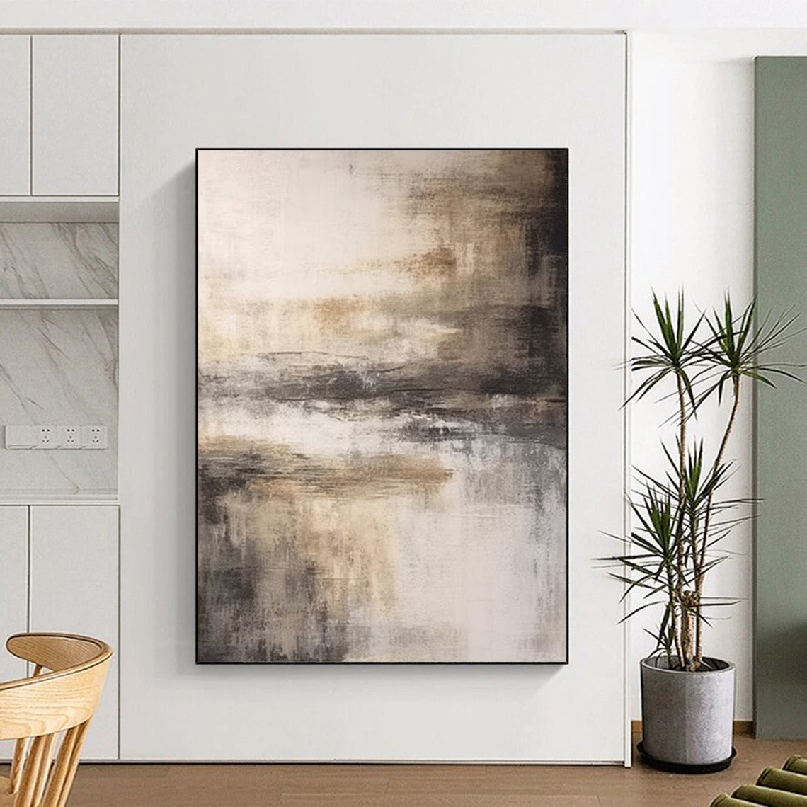 “Gray, Brown, White Abstract Landscape ‘Misty Memory’” - Impasto Landscape Painting On Canvas DTP362