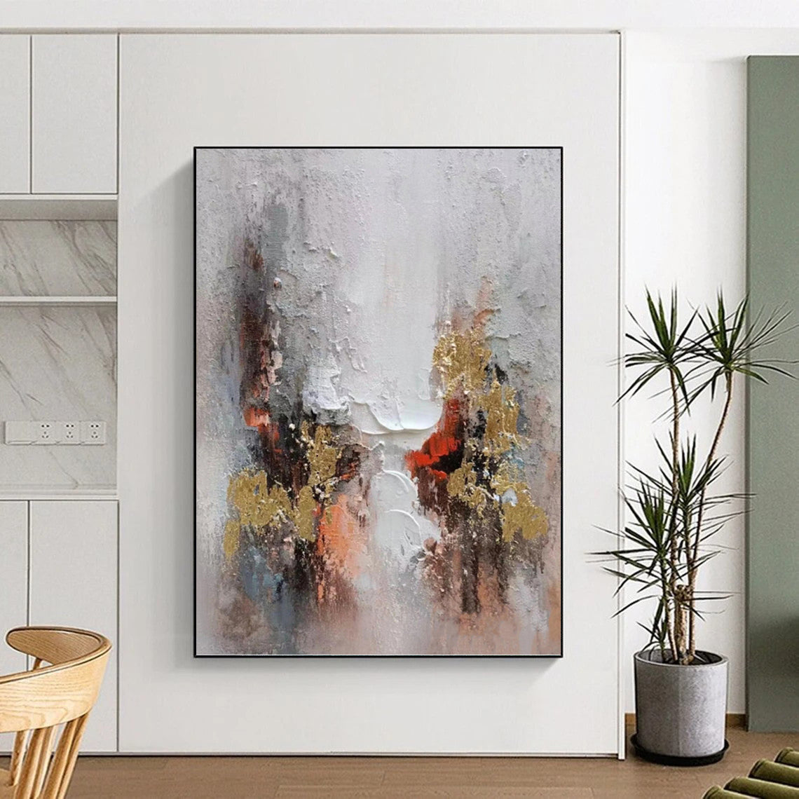 “Gilded Impasto” - Gray, Gold & Red Textured Abstract Painting On Canvas DKH1168
