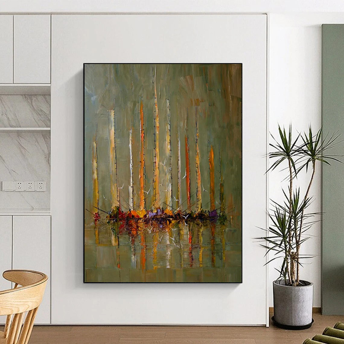 “Green, Orange, Yellow Sailboats ‘Harbor Harmony’” - Impasto Boat & Sea Painting On Canvas DTP330