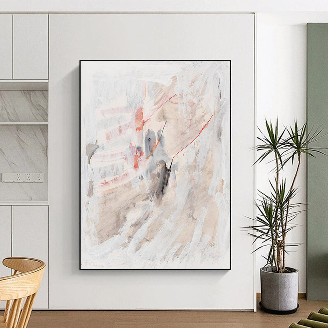 “Subtle Whispers” - White, Gray, Pink & Blue Abstract Washes Painting On Canvas DKH1530
