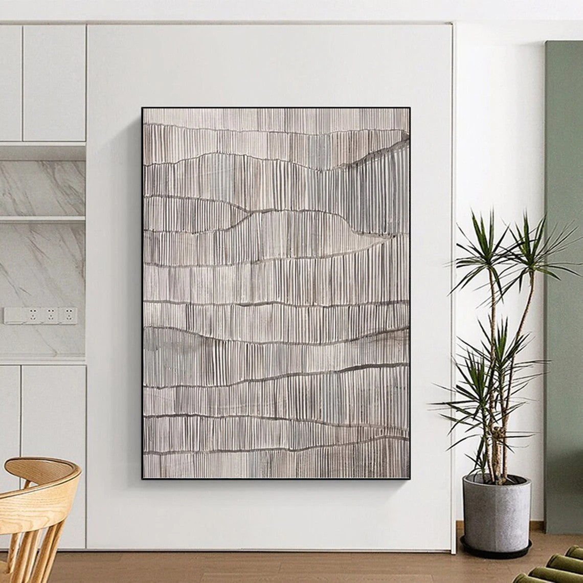“Gray Textured Ridges” - Gray & White Minimalist Textured Painting On Canvas DKH1031