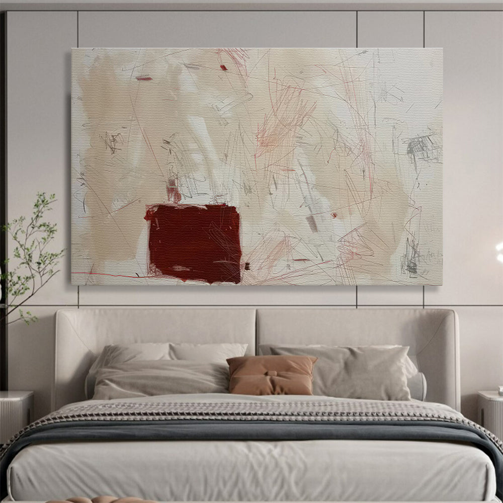 Beige, Red, and Gray Abstract “Subtle Creative Markings” Painting On Canvas DKH146