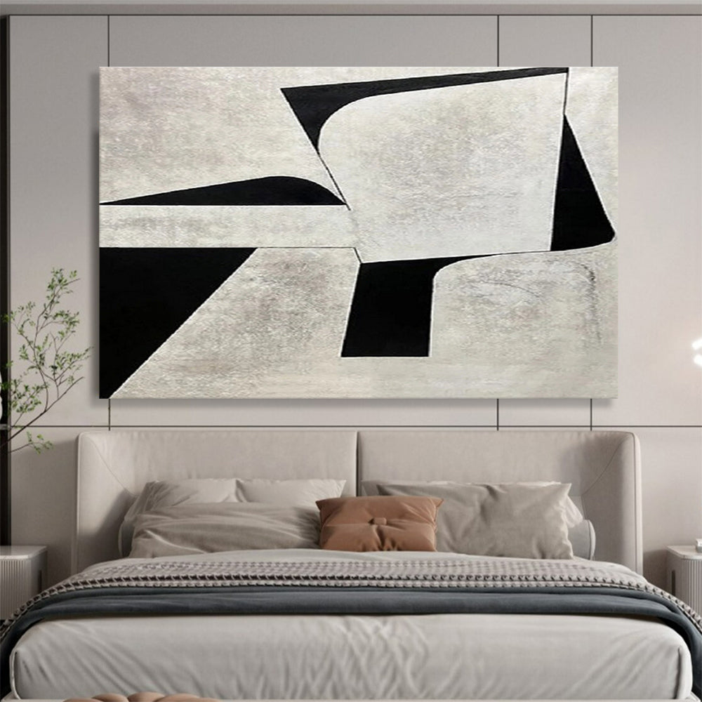 Monochrome Geometric Contrast in Gray and Black, Abstract Cubist - Inspired Painting On Canvas DKH582