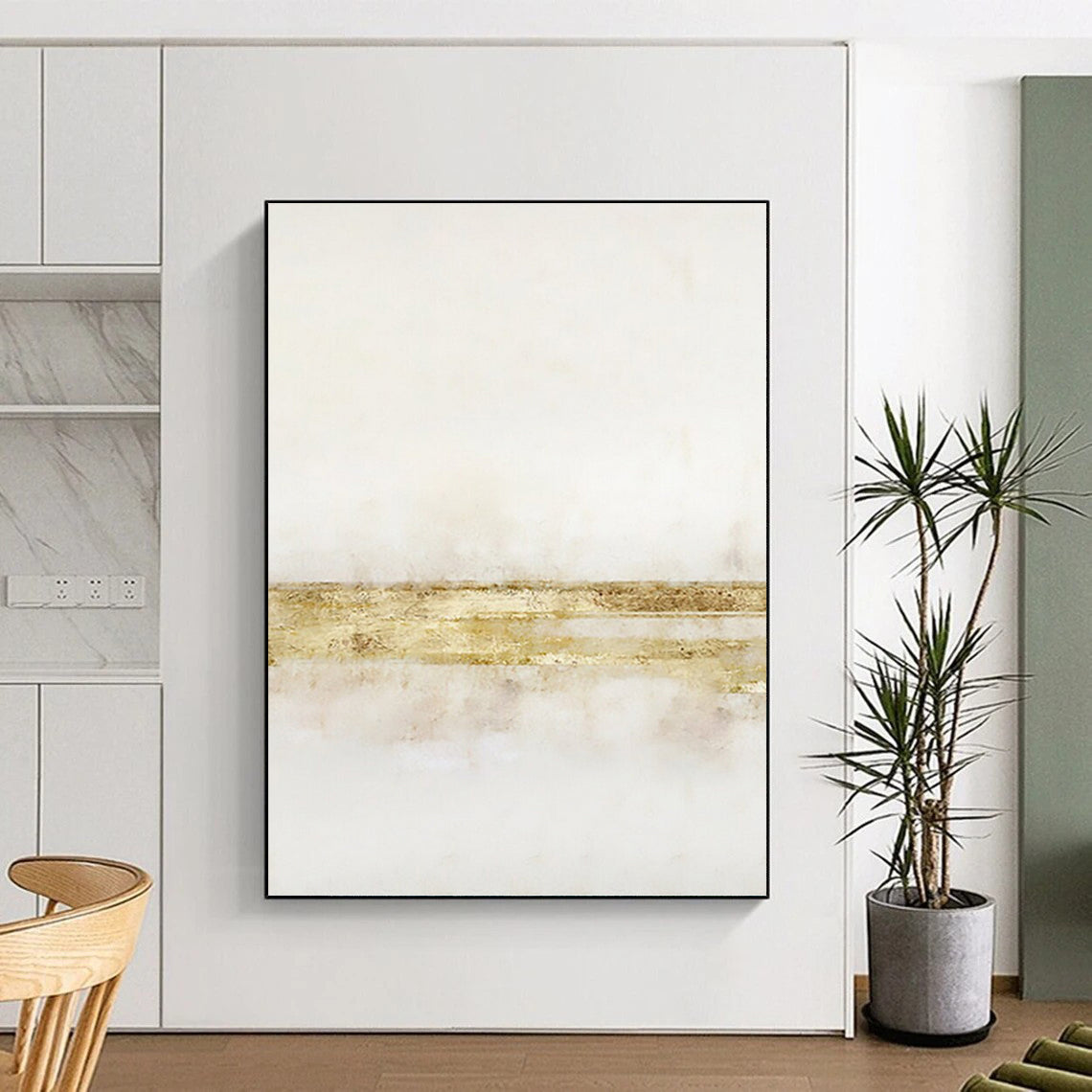 “Gilded Simplicity” - White & Gold Minimalist Stripes Painting On Canvas DKH1538