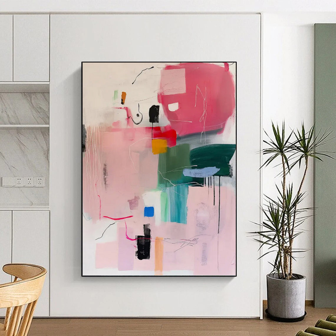 “Pink - Dominant Abstract Composition” - Pink, Green, Blue & Yellow Modernist Painting On Canvas DKH0998