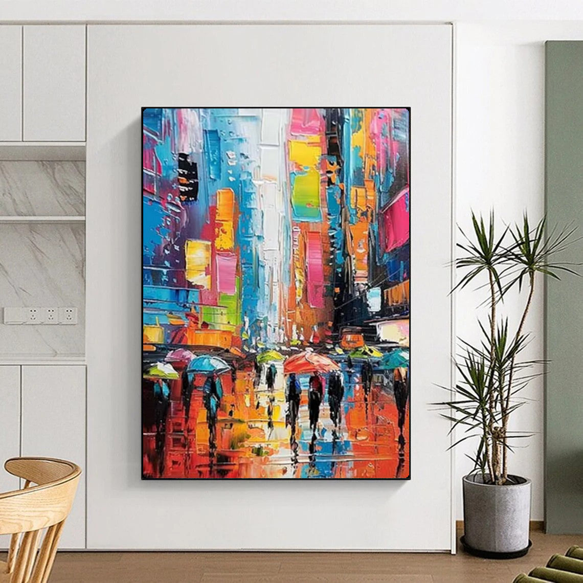 “Colorful Urban Rainy Street” – Impressionistic Cityscape Oil Painting On Canvas CT2141
