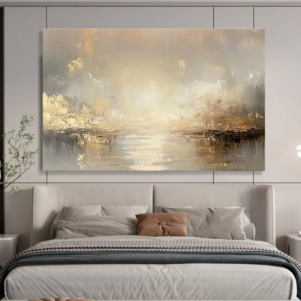 Gold Accent River Landscape Painting On Canvas DKH323