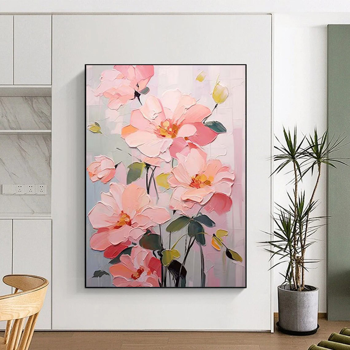 “Blush Blooms: Textured Floral Acrylic on Canvas” - Impasto Botanical Art CT1905