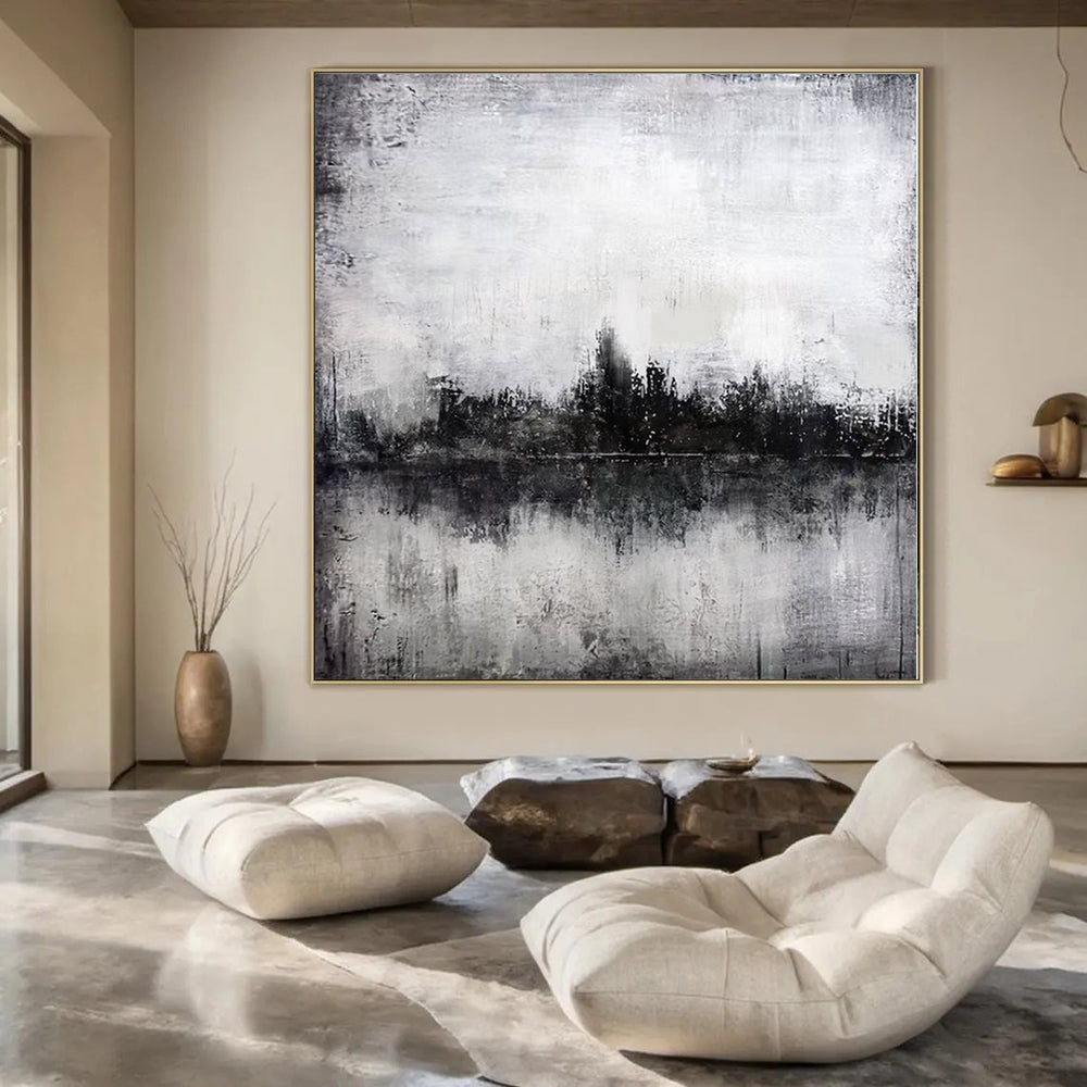 “Moody Black - White Cityscape Reflection” – Abstract Landscape Painting CT1090
