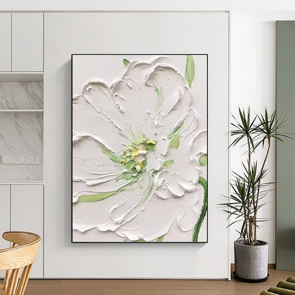 White Flower with Green Accents - Textured Floral Painting On Canvas DKH1398