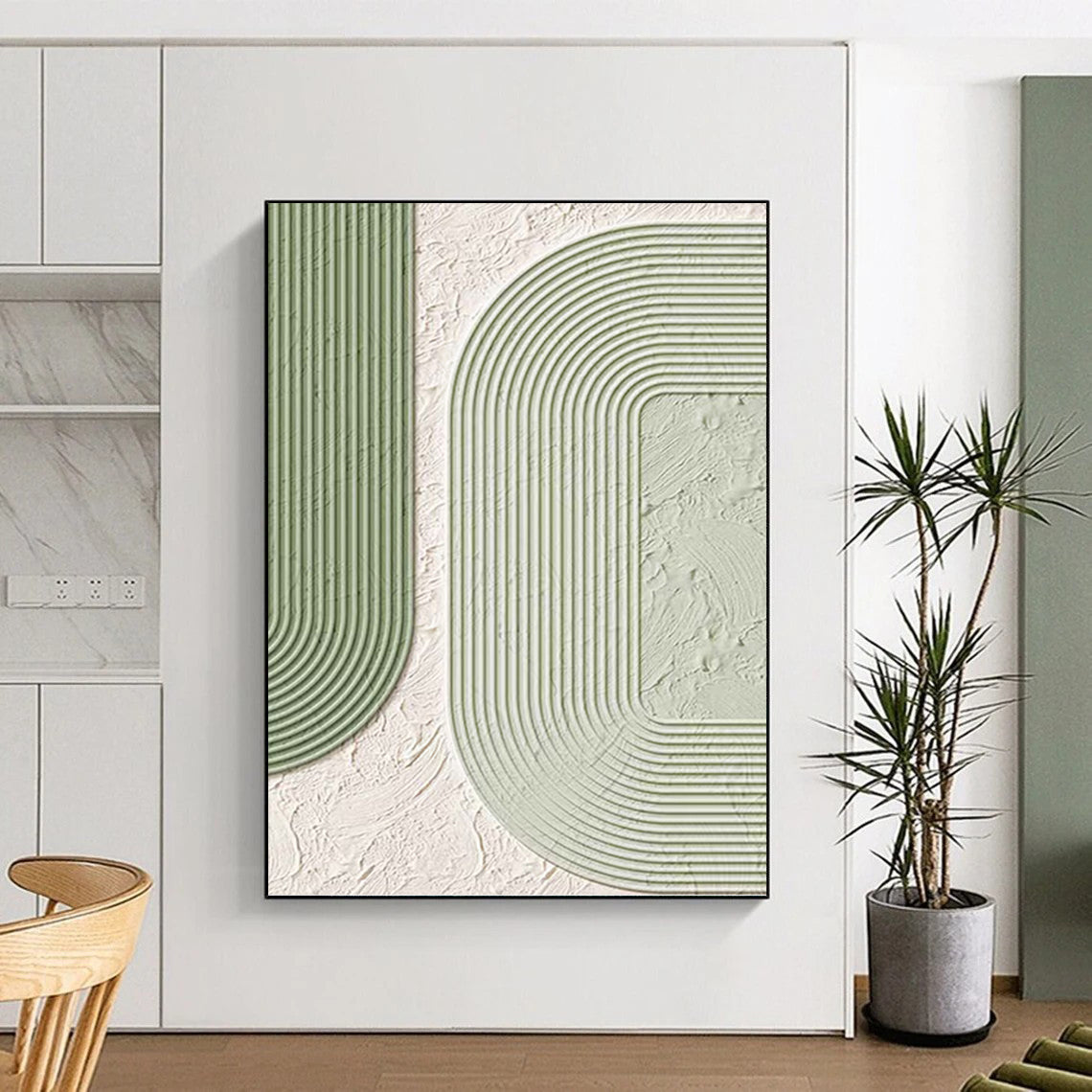 Geometric Green and White Textured Abstract - Abstract Painting On Canvas DKH1493