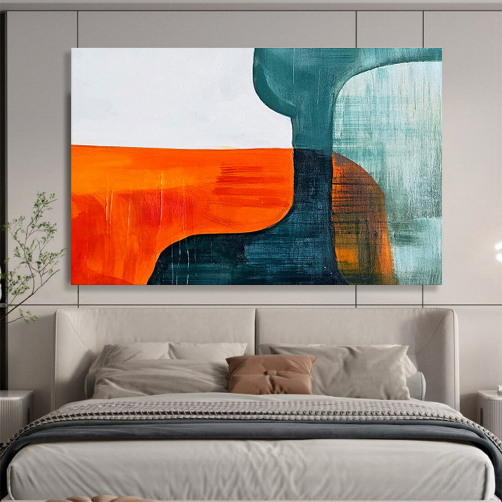 Orange Teal and Blue Shapes Vibrant Geometric Abstract Painting On Canvas DKH265