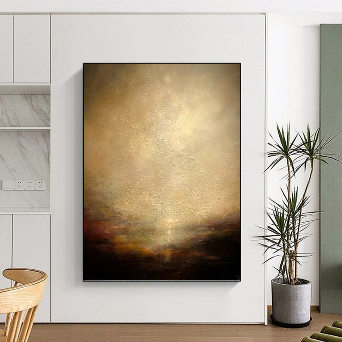 “Mystic Horizon” - Beige, Brown & Gold Abstract Landscape Painting On Canvas DKH1534